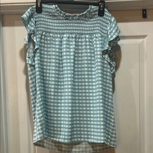 Ann Taylor Blue Gingham Ruffle Sleeve Top sz M